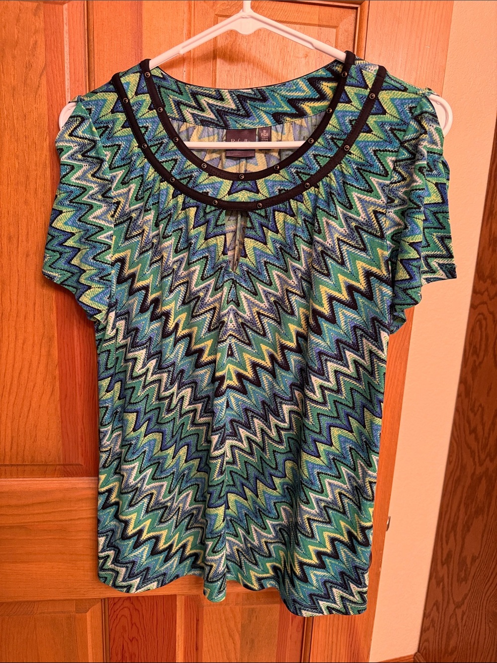 Rafaella Blue and Green Zigzag Short Sleeve Top